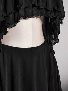 SHEIN ICON Women's Plus Size Summer Retro Sexy Millennial Style Y2K Fashion Casual Modern Urban Bold Avant-Garde Ball Party Black Ruffle Hollow Neck Mesh Dress - Black - View 8