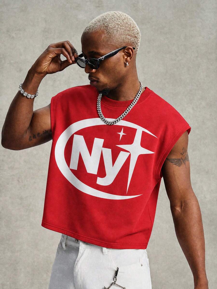 PAVTROS Men's Solid Color Letter Print Crew Neck Fashion Casual Tank Top - Red - View 1
