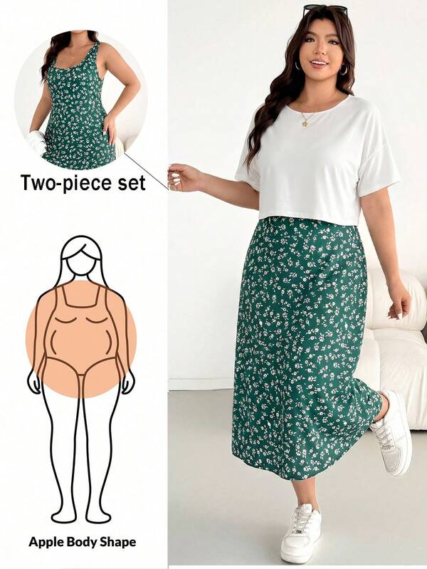 SHEIN Essnce Damen Große Größen Frühling/Sommer Mode Lässig Locker Bequem Alltag Basic Vielseitig Schlankend Zweiteiler Set: Schwarzes Kurzarm Top und Schwarz-Weißes Blumenmuster Weste Langes Kleid, Sommerkleidung, Flughafen Outfits, Curve Set
