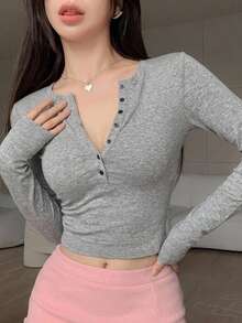 DAZY Women's Half-Zip Long Sleeve Bodycon T-Shirt,Fall Women Clothes - Grey - View 11