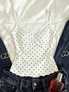 INAWLY French Polka Dot Lace Camisole For Women, Summer Sexy Style Padded Fitted Camisole For Layering Or Outerwear Golf White - White - View 1