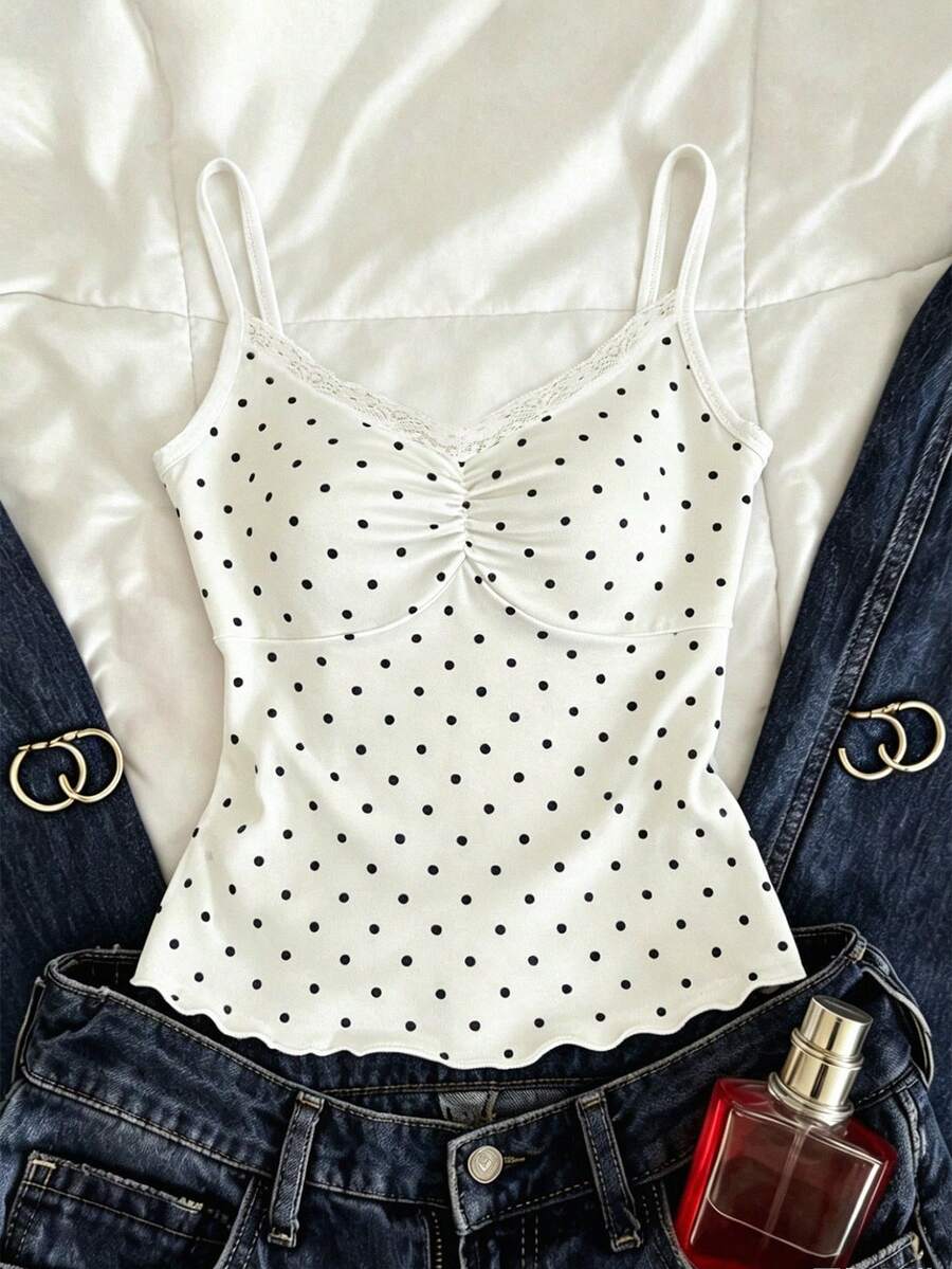 INAWLY French Polka Dot Lace Camisole For Women, Summer Sexy Style Padded Fitted Camisole For Layering Or Outerwear Golf White - White - View 1