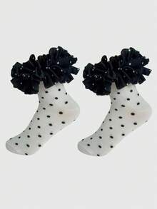 ROMWE Kawaii Women's Polka Dot Pattern Mesh Splice Ruffle Trim Cute Crew Socks - Multicolor A2 - View 2