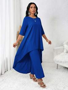 SHEIN Lady 四季秋季女裝套裝 白色長袖不對稱兩件式女套裝 秋季女套裝 女式套裝 女裝套裝 - 寶藍色 - 查看 4