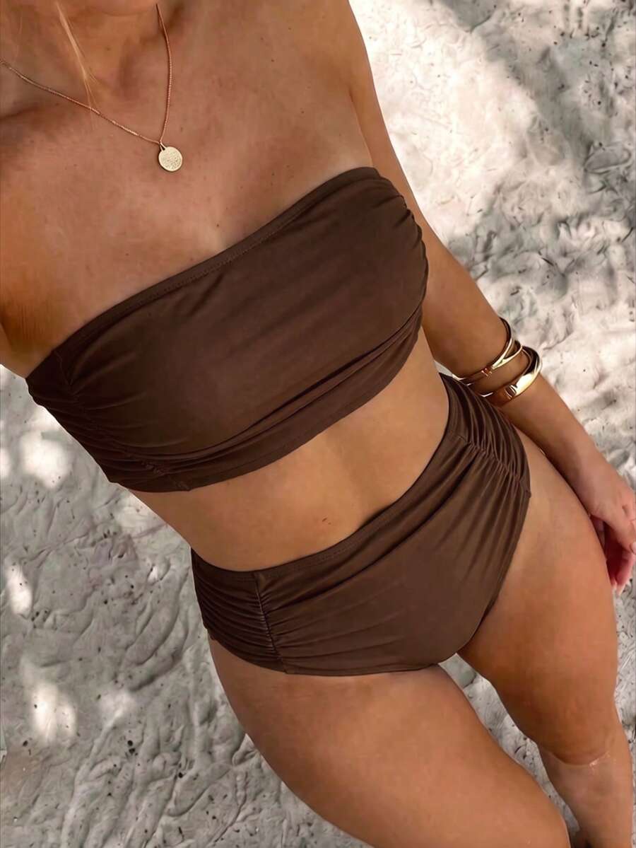 Swim Vcay Women's Solid Color Bandeau Bikini Set With Double Side Ruched Details, Beach Summer Outfits - Coffee Brown - View 1