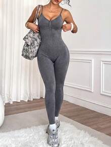Easithlete Easithlete 1件装 女士哑光水洗圆领扭带连体裤 - 灰色 - 查看 2