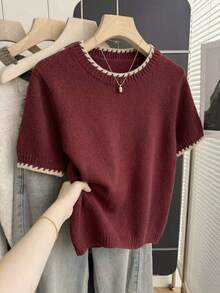 Franclia French Vintage Loose Round Neck Short Sleeve Knit Contrast Trim Beige Women's Spring Autumn Knit Top - Burgundy - View 1