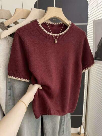 Franclia French Vintage Loose Round Neck Short Sleeve Knit Contrast Trim Beige Women's Spring Autumn Knit Top