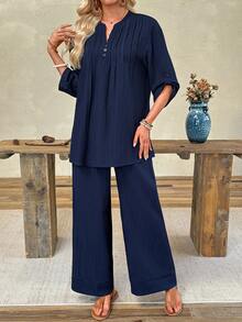 EMERY ROSE Women's Solid Color Notch V-Neck Rolled Sleeve Shirt And Pants Casual Two Pieces Set - Navy Blue - View 8