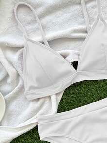 Swim Basics Women's Summer Beach Solid Color Sexy Fashion Bikini Two-Piece Swimsuit Set, Wireless - White - View 3