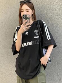 DAZY Round Neck Striped Side Slit T-Shirt Oversized T-Shirt,Graphic Tees School Cute Tops - Black - View 6