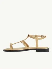 CUCCOO CHICEST Women's Shoes Metal Button Toe Square Head Roman Shoes Soft Sole Beach Gold Open Toe Cross Flat Sandals Vacation Casual - Light gold - View 5