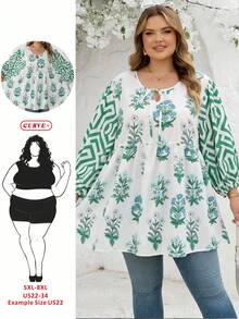 SHEIN CURVE+ US22 音樂節度假波希米亞風條紋襯衫，燈籠袖領口設計 - 彩色 - 查看 6