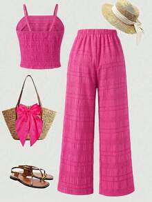 SHEIN Elladie kids Young Girls Vacation Spring Style Crepe Gathered Cami Top + Loose Straight Leg Pants 2pcs Set, Woven Tank Top Set - Hot Pink - View 3