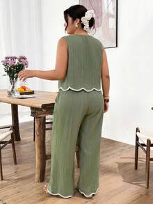SHEIN PETITE CURVE 大码女式圆领撞色上衣和裤子休闲两件套 - 綠色 - 查看 2