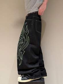 STEELVANCE Men's Printed Pattern Loose Straight Leg Denim Pants - Black - View 5
