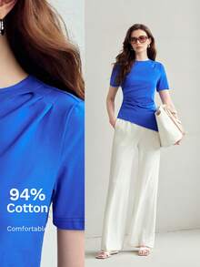 MOTF PREMIUM KAOS LENGAN PENDEK KATUN DENGAN HEM ASIMETRIS DAN KERUT, MUSIM SEMI/PANAS - Royal Blue - View 7