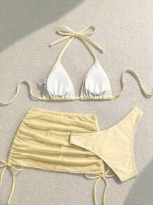 Soleia Set Baju Renang Wanita Terdiri dari Atasan Bikini Segitiga Halter Bergaris, Bawahan Bikini Segitiga, dan Rok Jala Pendek dengan Tali Serut. - Kuning muda - View 2