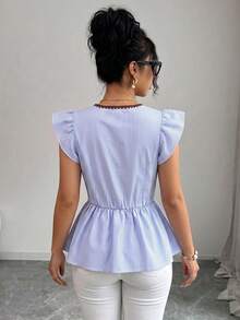 SHEIN Clasi Women's Elegant Sexy White Shell Embroidery Bow-Tie Design Cap Sleeve Fitted Blouse, Spring/Summer Golf - Blue - View 2