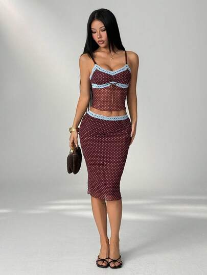 SHEIN PETITE Women's Lace Trim V-Neck Brown & Blue Polka Dot Contrast Color Camisole Top And Ruffle Hem Mid-Length Tea-Length Skirt Set, Spring/Summer