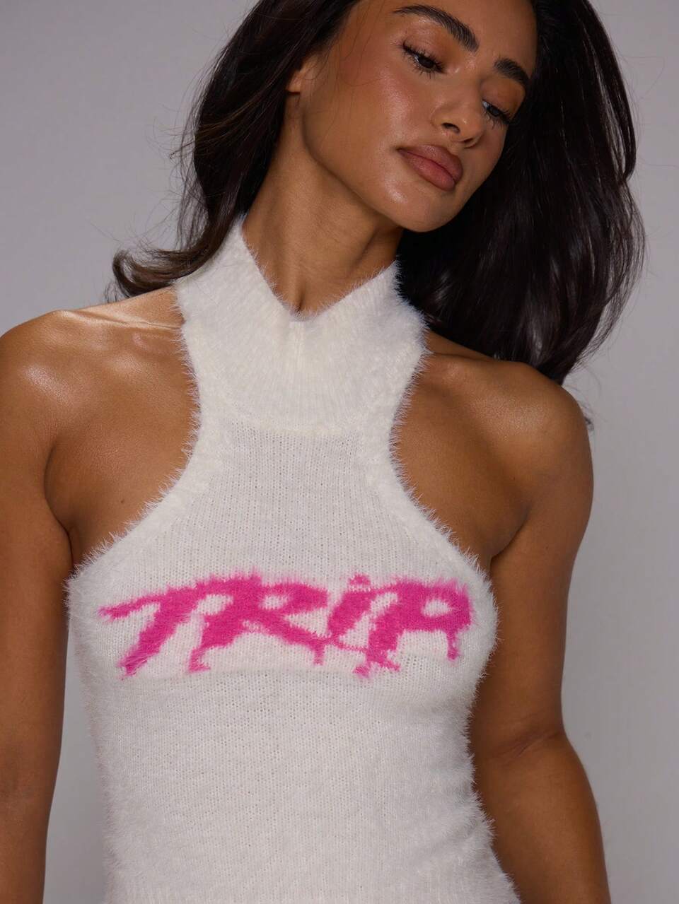 White Knit Graphic Trip Halterneck Top