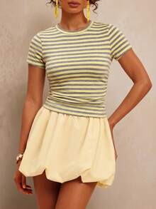 Travachic Blusa de mujer de cuello redondo, manga corta raglán, ajustada, con pliegues y rayas, para verano - Multicolor - Ver 7