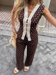 Serisse Women's Summer Elegant Lace Patchwork Polka Dot Print Tank Top & Long Pants 2 Pieces Set - Multicolor - View 4