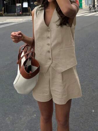 Damen Lässig Pendler Einfarbige Weste und Shorts 2-teiliges Set