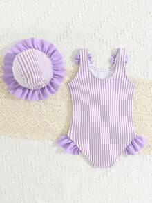 SHEIN Bañador de tirantes con volantes y lazo decorativo con estampado a rayas para niña bebé - Púrpura malva - Ver 2