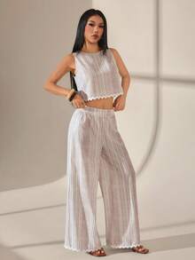 SHEIN PETITE Women's White Crew Neck Sleeveless Top And Pants 2 Pieces Set, Vacation,Summer Linen Style Casual Boho Ruffle Trim Contrast Color 2-Piece Set - Apricot - View 4