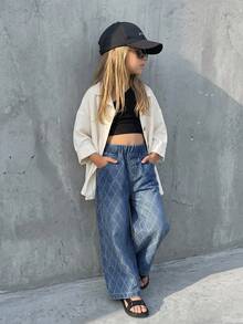 DAZY Young Girl Rhinestone Design Washed Textured Pocket Denim Jeans - Dark Wash - View 1