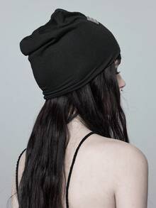ROMWE Goth 1pc Punk Style Lightweight Rivet Decorated Beanie, High-Quality Y2K Vintage Solid Black Warm Fold-Over Hat, Fashionable Daily All-Season Wear - Black - View 5