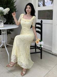Modelyn Pale Yellow Square Neck Rhinestone Embellished Elegant Lace Waist-Cinching Women's Dress - Butter Yellow - View 9