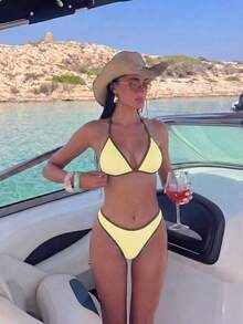 Bonvoyette Women's Summer Beach Halter Neck Sexy Fashion Bikini Two-Piece Swimsuit Set - Yellow - View 1