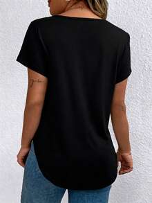 EMERY ROSE Regular Women's Solid Color V-Neck Short-Sleeved Casual T-Shirt - Black - View 2