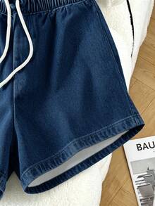 Franclia Women's Solid Color Short Sleeve Round Neck Shirt And Drawstring Shorts 2-Piece Set - Royal Blue - View 3