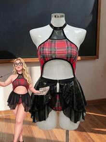 Fantasy Costume Fantasy Costume 大尺碼 COS 角色扮演學生套裝 格紋性感連身褲 + 裙子 2件組 - 彩色 - 查看 1