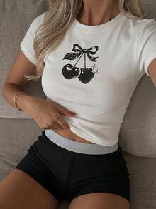 DAZY Black Cherry Short Sleeve Elastic Fitted T-Shirt Set Summer Pajamas - Black and White - View 10
