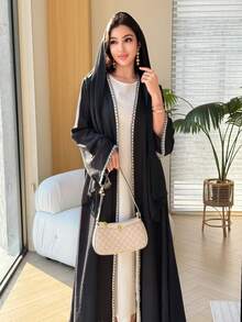 Yasmyna 大尺碼女款對比飾邊休閒百搭日常穿搭長袍 - 黑色 - 查看 7