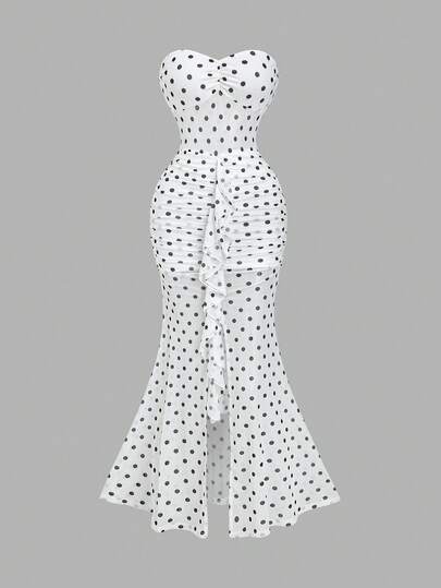 Sweetra Women's Polka Dot Print Strapless Ruched Backless Split Hem Ribbon Slimming Fitted Spring Summer European & American Sexy Elegant Vintage Romantic Sweet Young Lady Beach Vacation Dress