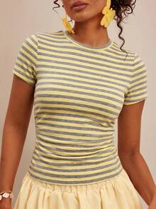 Travachic Blusa de mujer de cuello redondo, manga corta raglán, ajustada, con pliegues y rayas, para verano - Multicolor - Ver 2
