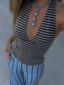 Firerie Women's Striped Fashion Sexy Halter Neck T-Shirt For Concert And Date - Dark Grey - View 4