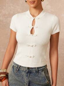 Lumalex Ivory Knit Crop Top With Mandarin Collar Short Sleeves Frog Knot Buttons Front Keyhole Cutouts Ribbed Cuffs Luxury Top Outfits For Parties Dates Daily - Apricot - View 16