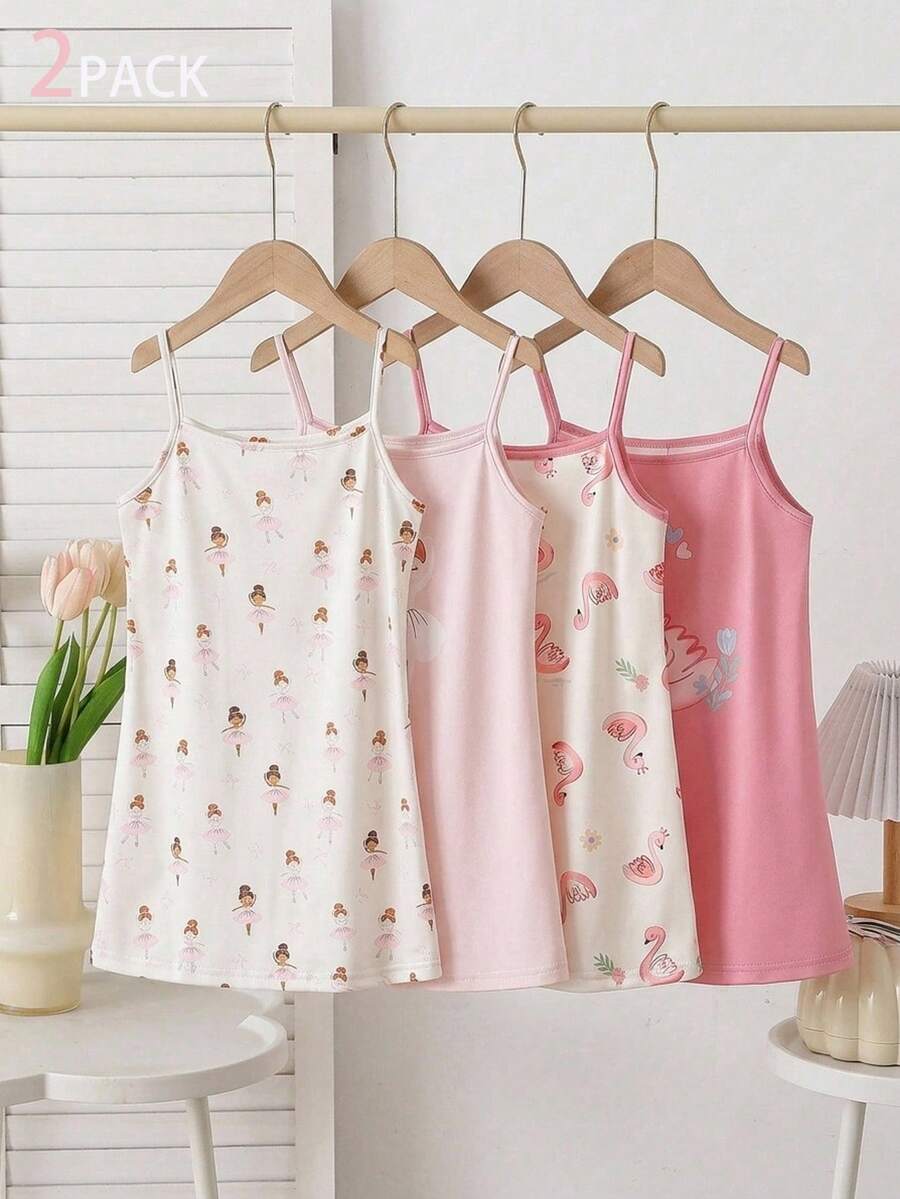 两件套女童家居服吊带无袖连衣裙,夏季蓝色、白色和粉色点缀,可爱芭蕾舞女爱心印花,休闲睡衣,轻盈柔软透气针织面料,舒适亲肤,时尚别致,现代潮流,高品质,百搭可爱舒适睡衣套装,适合日常室内休闲穿着 - 粉色 - 查看 1