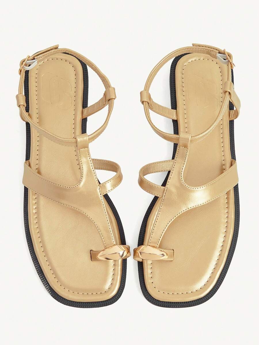 CUCCOO CHICEST Women's Shoes Metal Button Toe Square Head Roman Shoes Soft Sole Beach Gold Open Toe Cross Flat Sandals Vacation Casual - Light gold - View 1