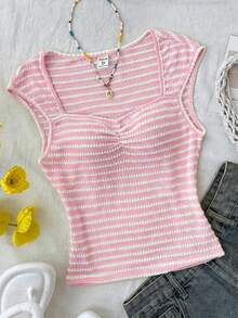 Teen Girls Summer New Pink Knit Textured Jacquard Ruched Chest Sweet Girly Cute Home Casual Off-Shoulder T-Shirt - Pink - View 3