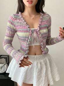 DAZY 秋季條紋拼色拼接繫帶前綁式開襟針織上衣 女款音樂節婚禮休閒度假開襟毛衣 - 粉色 - 查看 2