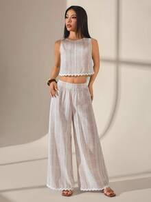 SHEIN PETITE Women's White Crew Neck Sleeveless Top And Pants 2 Pieces Set, Vacation,Summer Linen Style Casual Boho Ruffle Trim Contrast Color 2-Piece Set - Apricot - View 5