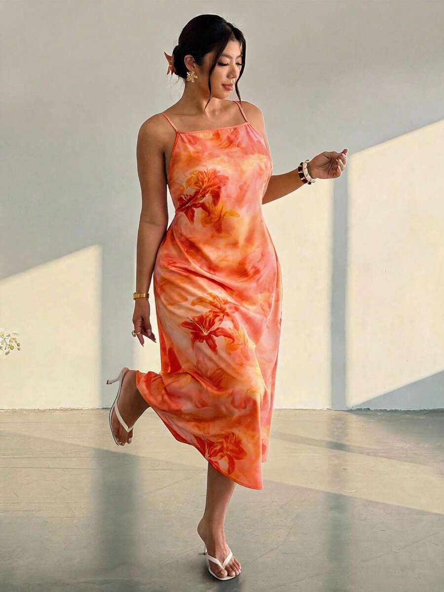Firerie 大尺碼女款花卉印花休閒派對細肩帶洋裝