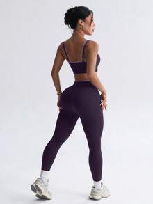 SHEIN Sports 無縫高彈性女款健身休閒日常運動收腰提臀套裝 - 紫色 - 查看 3